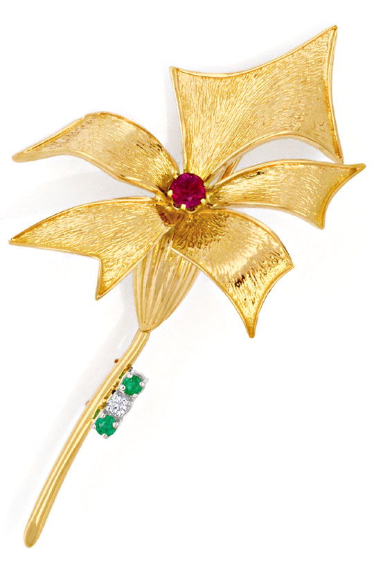 Foto 2 - Handarbeits-Brosche Blume, Brillant Rubin Smaragde 18K, S4318